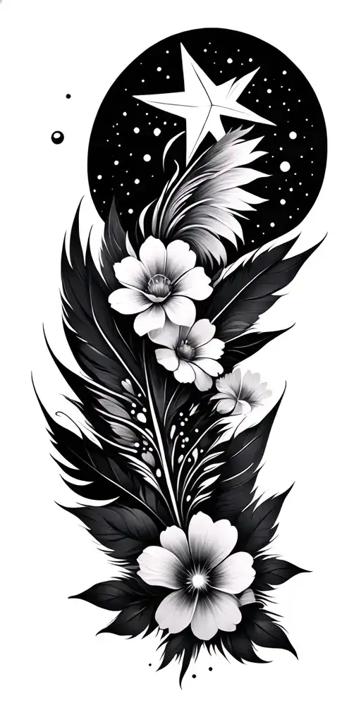 Boho floral, outer space stars, tribal, geometric shapes, feathers tattoo design idea