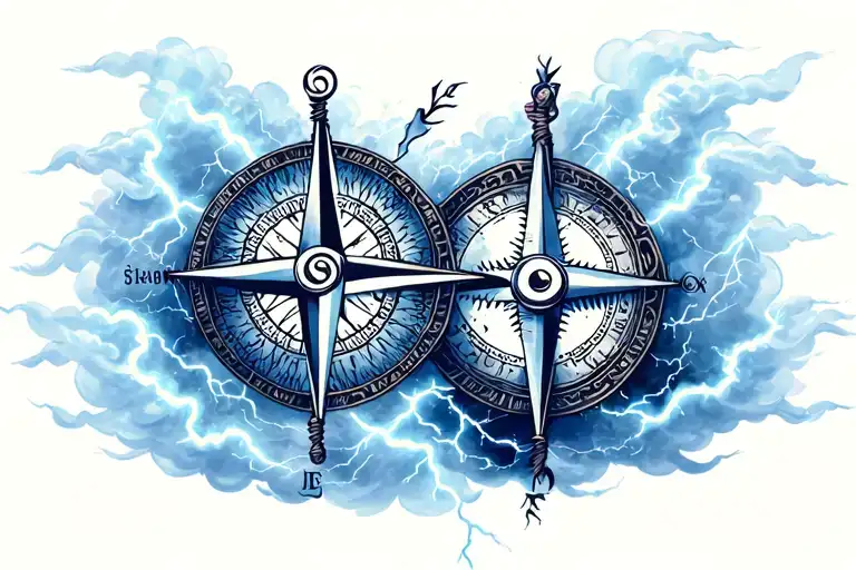 two compasses surrounded by clouds and lighting storm tattoo design idea