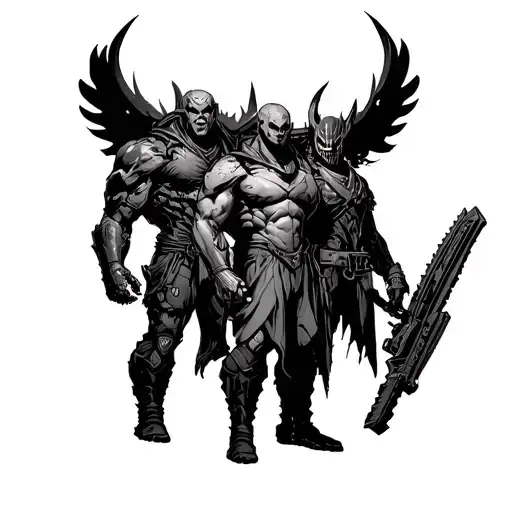 Frieren, guts, and doom slayer all together looking bad ass. Sleeve design so they are all three seperate tattoo design idea