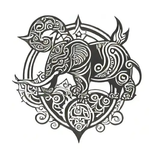 Create an tattoo design inspired by ( elephant, wolf face) with tribal symbols tattoo design idea
