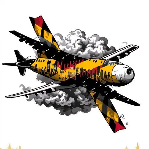 Baltimore Maryland flag wrapped on a airplane flying over the Baltimore skyline with cloudy smoke with 410 intertwined  tattoo design idea