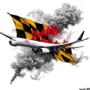 Baltimore Maryland flag wrapped on a airplane flying over the Baltimore skyline with cloudy smoke with 410 intertwined  tattoo design idea