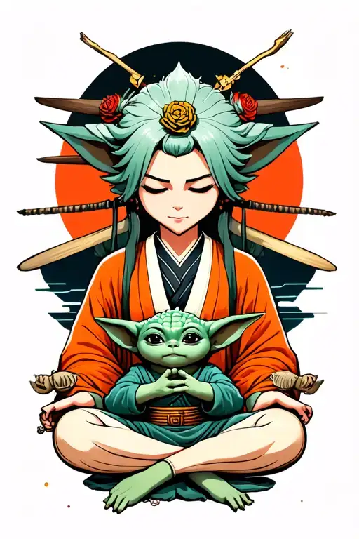 Senku Ishigami with soapstone and Baby Yoda meditating tattoo design idea
