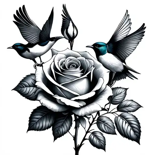 Fine Line Rose WITH 3 BIRDS tattoo design idea