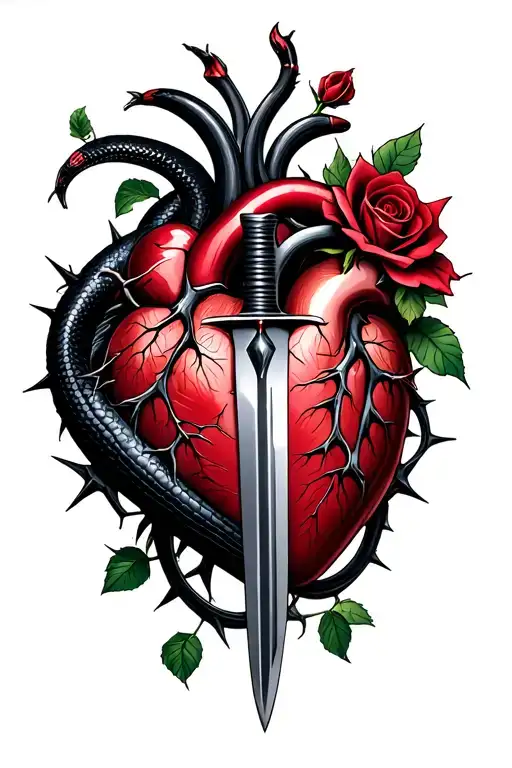 human heart trapped by black rose with thorns, both pierced by a dagger with a black mamba hugging the heart and dagger tattoo design idea