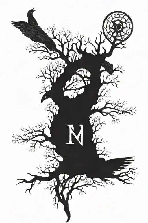 Combine odin, some rune symbols, nature trees, munin and hugin tattoo design idea