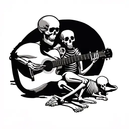 Black and grey skeleton playing guitar with a skeleton dog with his head in its lap tattoo design idea