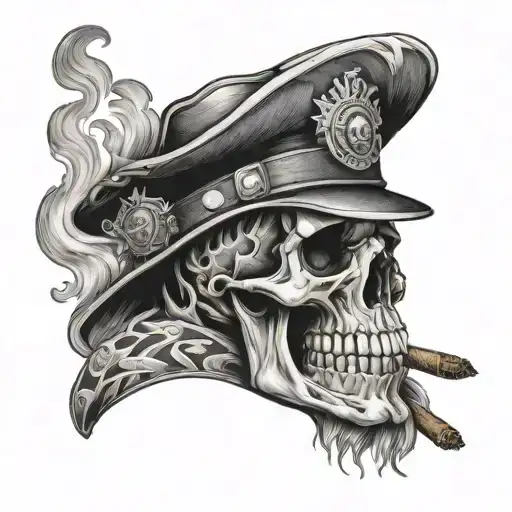 fire fighter skull smoking a cigar with the ocean tattoo design idea