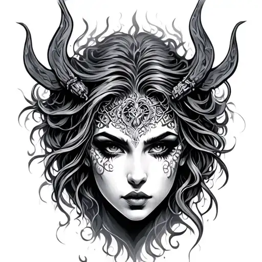 siren evil beautiful face tattoo design idea