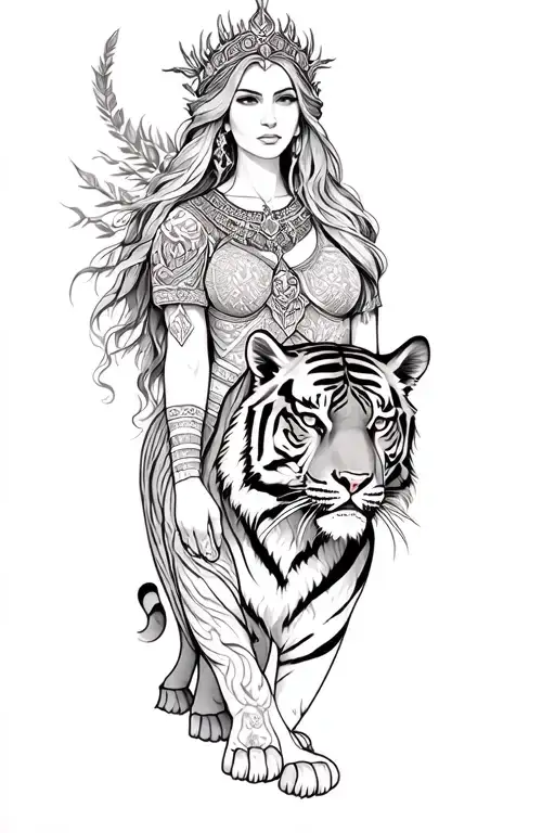female druid and a tiger tattoo design idea