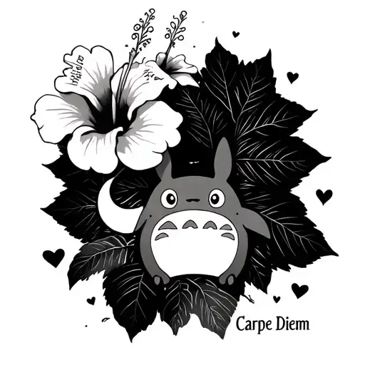 Hibiscus (central room) 7 discreet little hearts, the "Carpe Diem" sentence, a moon and a small Totoro (Ghibli studio) tattoo design idea