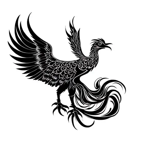 A majestic Persian Simurgh tattoo design, drawn in intricate black ink lines, with wide spread wings and flowing tail fe tattoo design idea