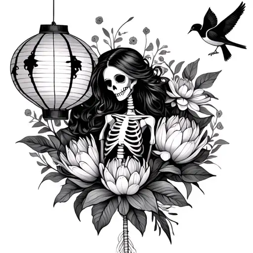 Feminine pretty skeleton, flying paper lanterns, protea and cape sugar bird tattoo design idea