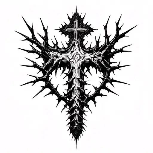 a tattoo covering the entire spine with aggressive thorns passing through it, at the end of the spine a cross connected  tattoo design idea