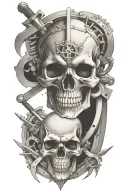 evil skull and swords surrounded by engine parts. travelling tattoo design idea
