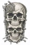 evil skull and swords surrounded by engine parts. travelling tattoo design idea