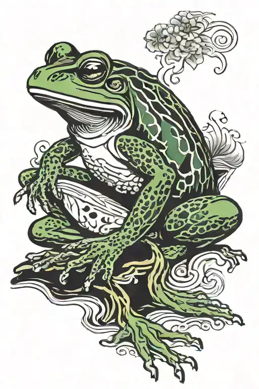 a dark green frog standing but shoulders sloched  smoking a cigerette tattoo design idea