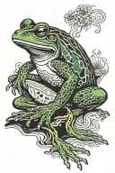 a dark green frog standing but shoulders sloched  smoking a cigerette tattoo design idea