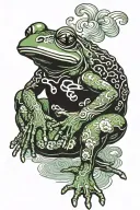 a dark green frog standing but shoulders sloched  smoking a cigerette tattoo design idea