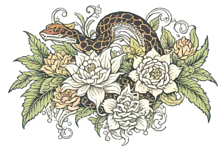 snake water lilies and larkspur gladiolus poppy chrysanthemum peonies holly narcissus flowers tattoo design idea