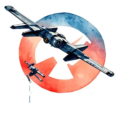 2 minimal x-wings, water color back wash, close formation, rebel alliance symbol in background. tattoo design idea