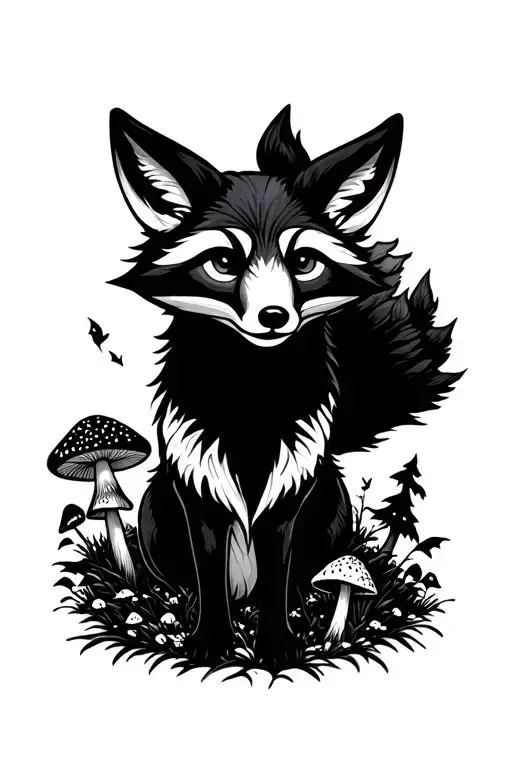 black and white Fox with mushroom and forest scene tattoo design idea