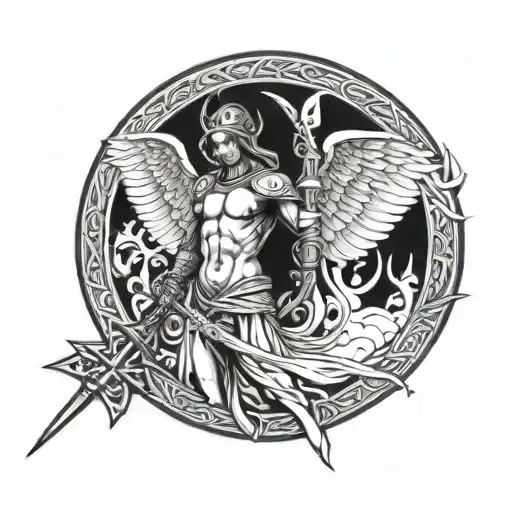 Warrior angel and cross tattoo design idea