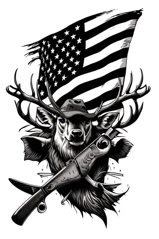 hunting, fishing, and the American flag intertwined tattoo design idea