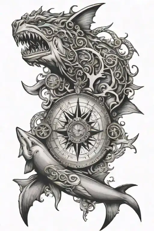 full sleeve, compass with anchor and Shark, viking style tattoo design idea