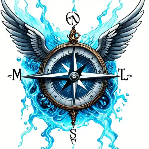 compass with wings featuring the letters M, F, T, and L. use blue black and silver with elements of lightning and water tattoo design idea
