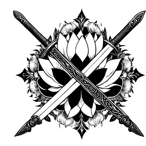 lotus and assassin swords crossed tattoo design idea