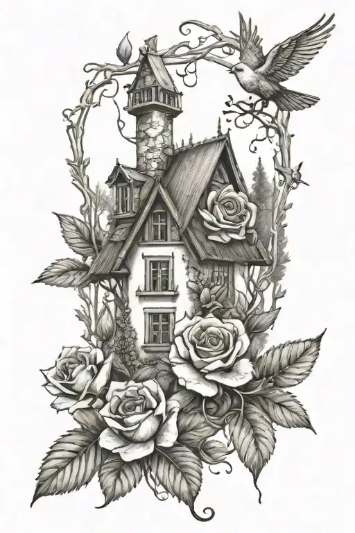 rose pencil hous in the forest landscape drawing mood tattoo design idea