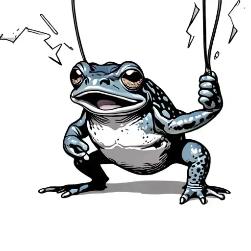 toad standing holding 2 wires being shocked tattoo design idea