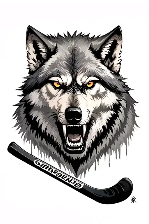 Wolf angry with a hockey stick and crosses horizontally a scar tattoo design idea