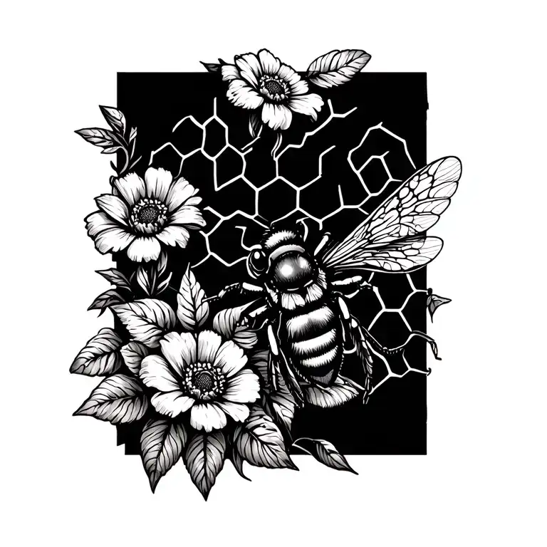 bees, flowers and honeycomb pattern tattoo design idea