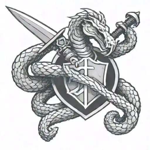 male Knight holding a Sword and a rattle snake intertwined with Air Force insignia  tattoo design idea