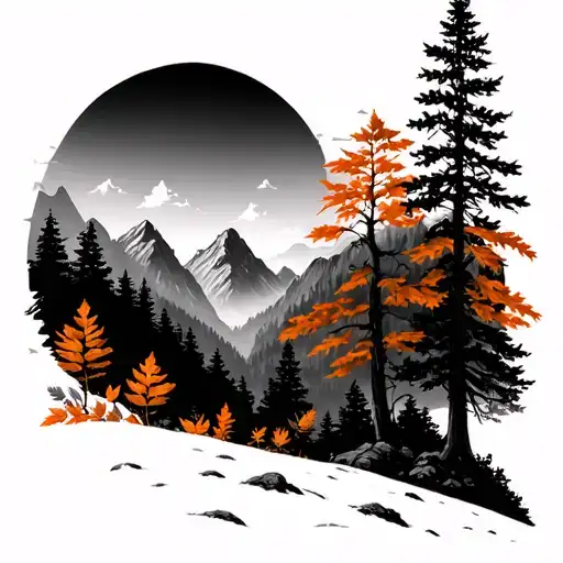 mountain peaks with fall leaves and trees growing tattoo design idea
