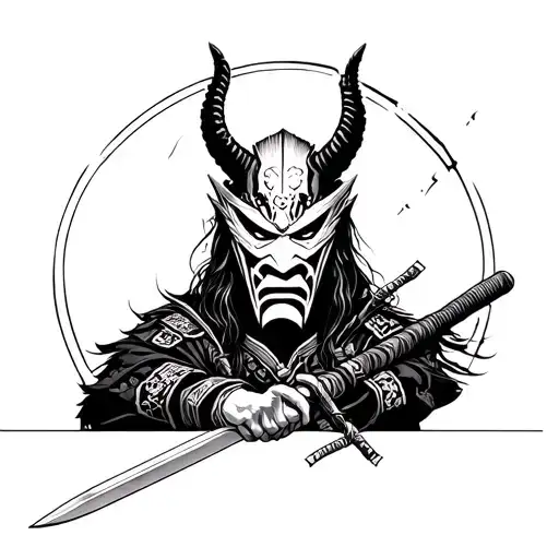 samurai warrior holding sword and wearing oni mask and staring tattoo design idea