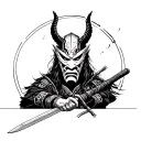 samurai warrior holding sword and wearing oni mask and staring tattoo design idea