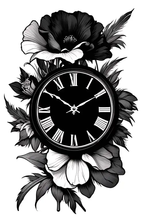 roman numeral clock face with gladioli and poppy flower with feathers tattoo design idea