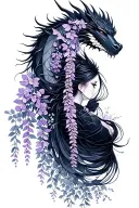 wisteria flowers cascading down side profile female ninja warrior and dragon tattoo design idea