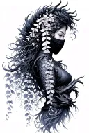 wisteria flowers cascading down side profile female ninja warrior and dragon tattoo design idea