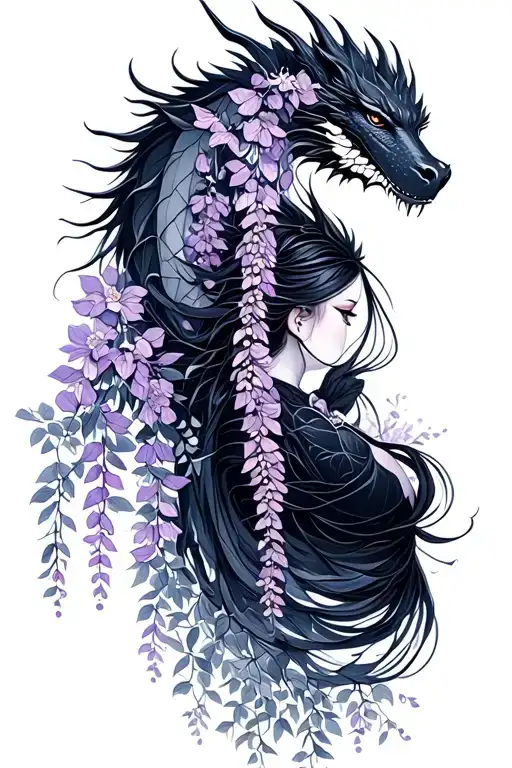 wisteria flowers cascading down side profile female ninja warrior and dragon tattoo design idea