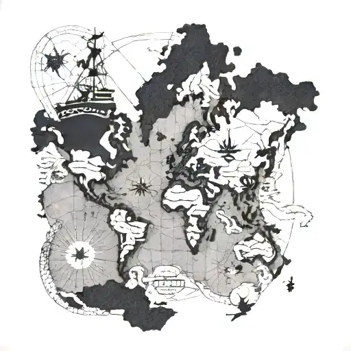A vintage map of the world with a ship navigating through different oceans and continents tattoo design idea
