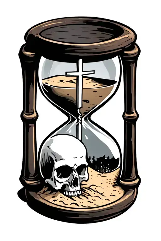 hour glass with small cross in one half poking out of some sand and the bottom has a partially covered skull in sand  tattoo design idea