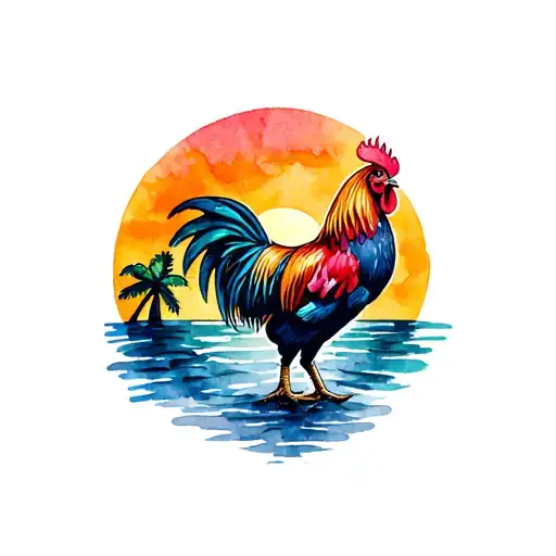 Generate a small tattoo for key west florida that incorporates a rooster, sunset and a palm tree tattoo design idea