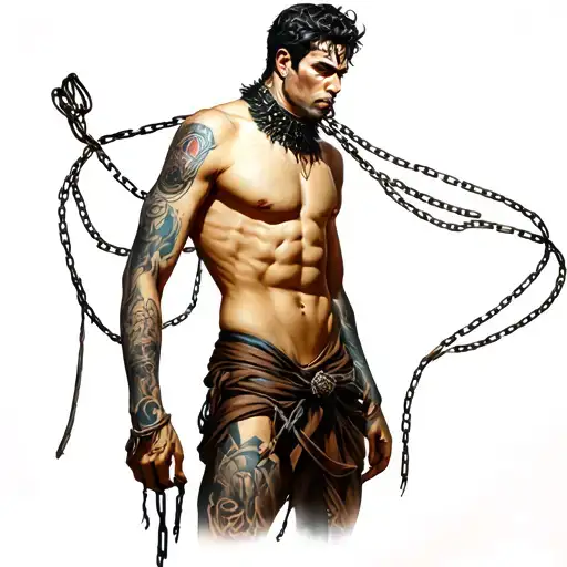 full body Silhouette of a male god in a dongeon bare chest,large collar on his neck, in chains, floggers and whip tattoo design idea