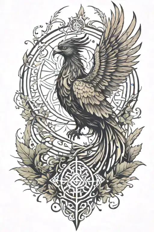 phoenix with vines, celestial elements and geometric negative space, symbolizing resilience, growth, and self tattoo design idea