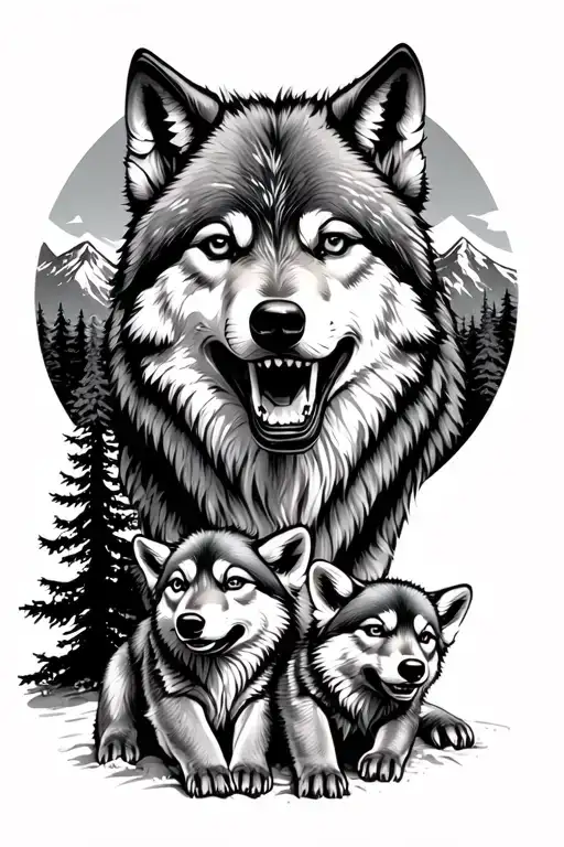 fullbody wolf showing teeth with two cubs with mountain trees and moon in back tattoo design idea