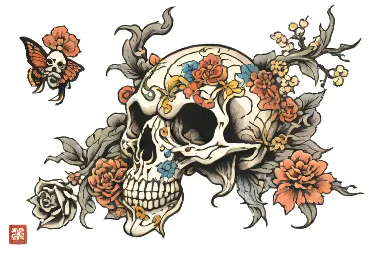 skull overlap with animals flowers tattoo design idea